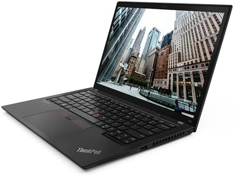 Black ThinkPad laptop with a cityscape on the screen
