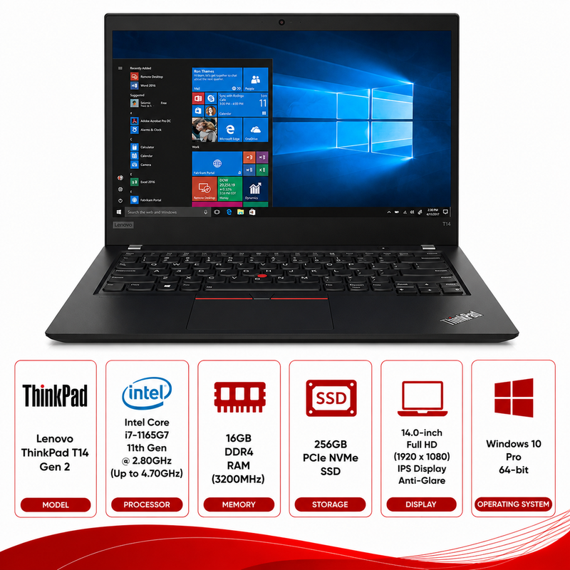 Lenovo ThinkPad T14 Gen 2 Intel Core i7-1165G7 Laptop Windows 11 (Refurbished)