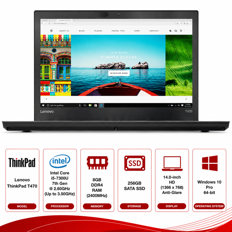 Lenovo ThinkPad T470 Intel Core i5-7300U Laptop Windows 11 (Refurbished)
