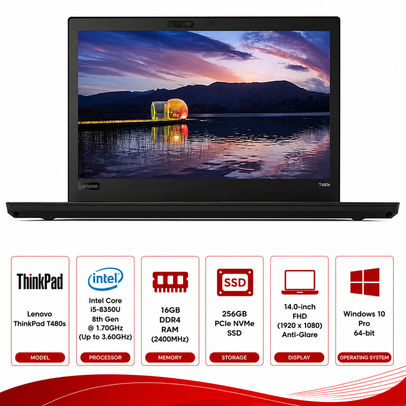 Lenovo ThinkPad T480s Intel Core i5-8350U Laptop Windows 11 (Refurbished)