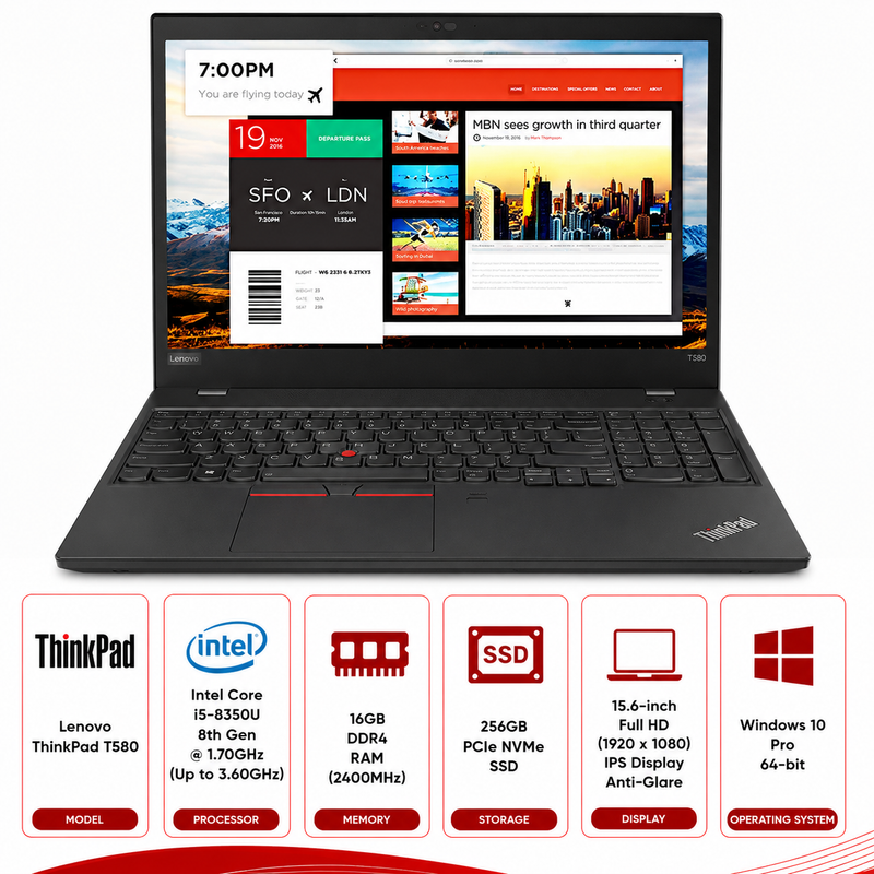 Lenovo ThinkPad T580 Intel Core i5-8350U Laptop Windows 11 (Refurbished)