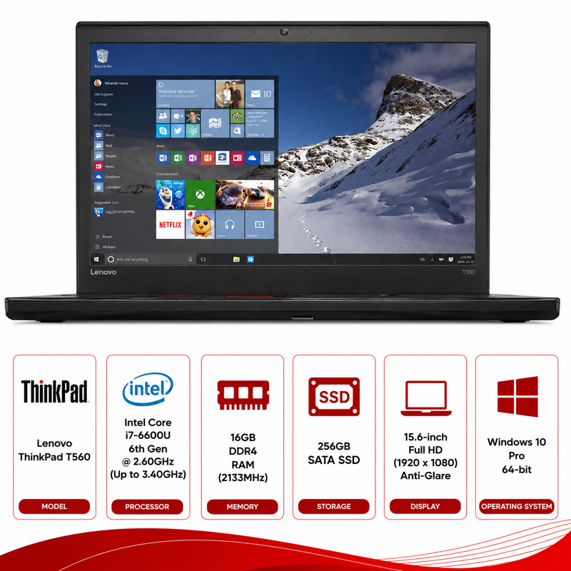 Lenovo ThinkPad T560 Intel Core i7-6600U Laptop Windows 11 (Refurbished)