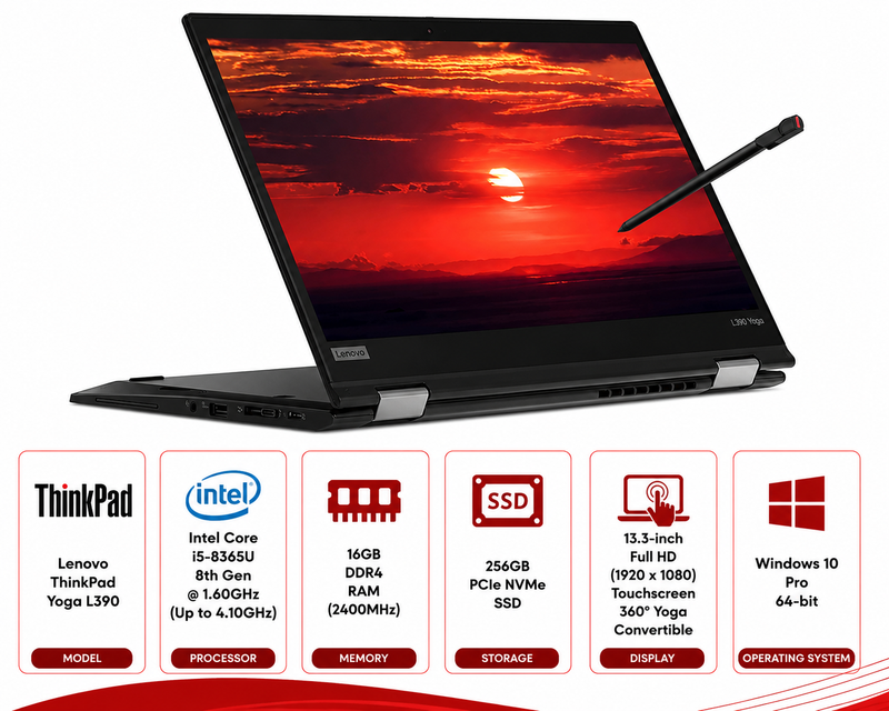Lenovo ThinkPad L390 Yoga Intel Core i5-8365U Laptop Windows 11 (Refurbished)