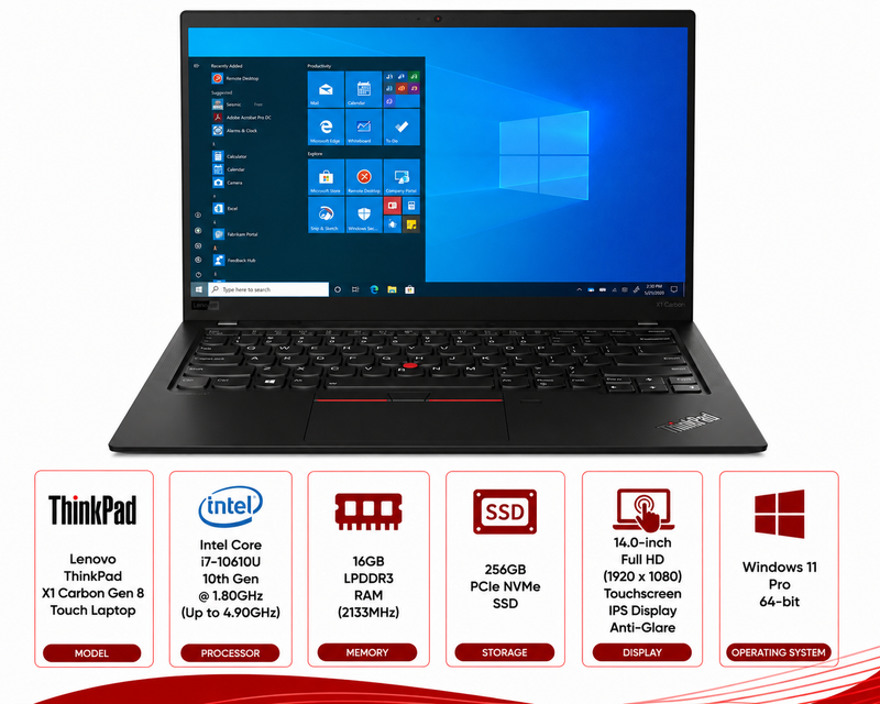 Lenovo ThinkPad X1 Carbon Gen 8 Intel Core i7 Touch Screen Laptop Windows 11 Pro (Refurbished)