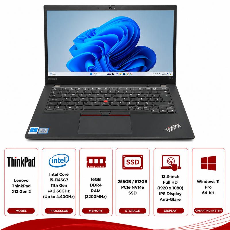 Lenovo ThinkPad X13 Gen 2 Intel Core i5-1145G7 Laptop Windows 11 (Refurbished)