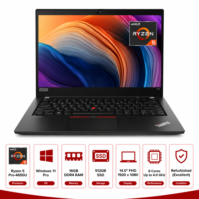 Lenovo ThinkPad T14 Gen 1 AMD Ryzen 5 Pro 4650U Laptop Windows 11 Pro (Refurbished)