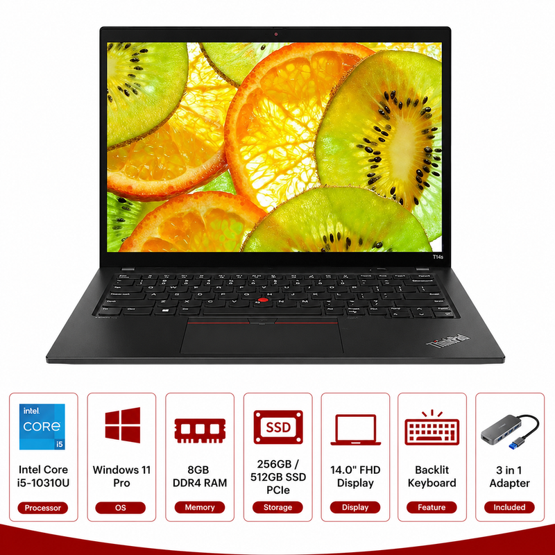 Lenovo ThinkPad T14s Intel Core i5-10310U Laptop Windows 11+ 3 in 1 Adapter (Refurbished)