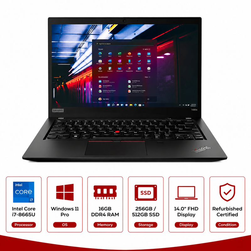 Lenovo ThinkPad T490s Intel i7-8665U Windows 11 Pro (Refurbished)