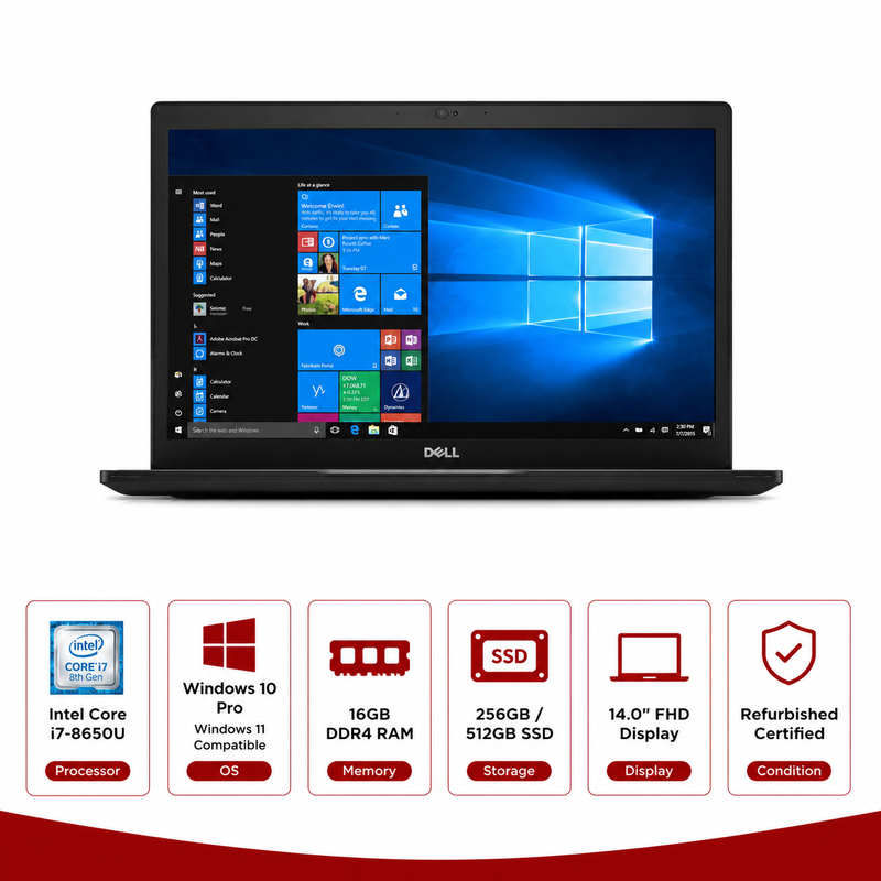 Dell Latitude 7490 Intel Core i7-8650U Windows 10 Pro Win 11 Compatible (Refurbished)