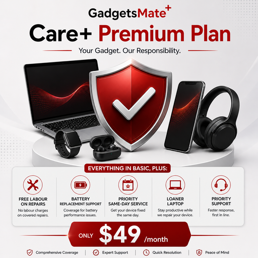 Advertisement for GadgetsMate+ Care+ Premium Plan with electronic devices and shield icon on a white background.