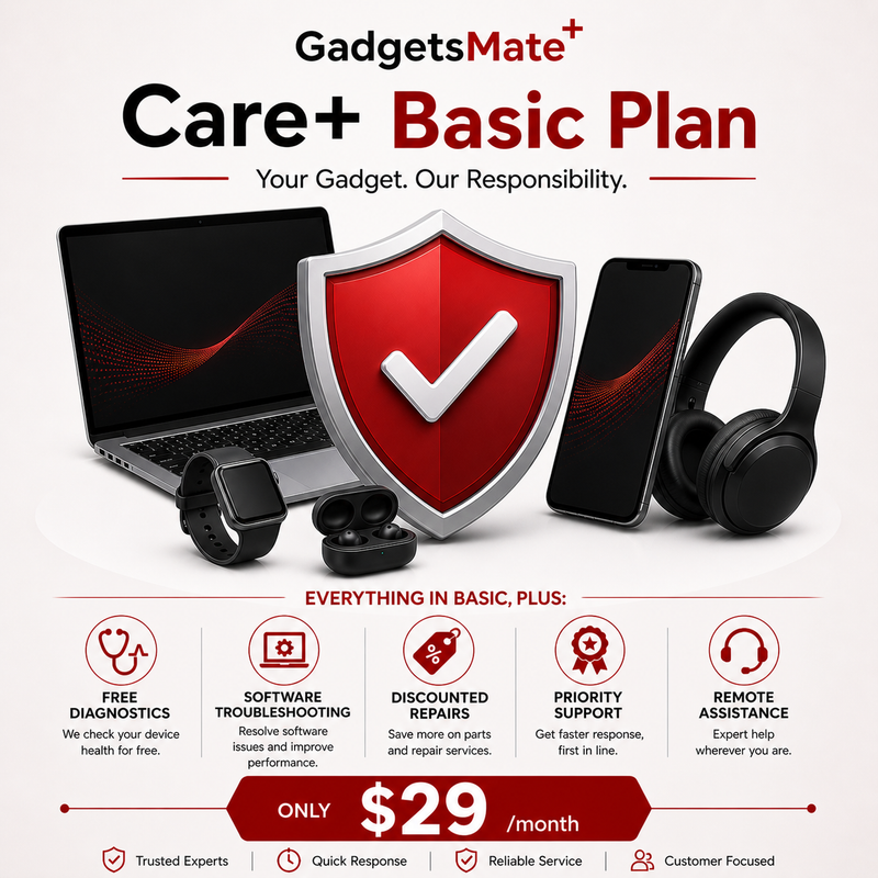 Advertisement for GadgetsMate+ Care+ Basic Plan with electronic devices and shield icon.