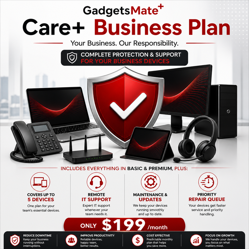 Advertisement for GadgetsMate+ Care+ Business Plan with computer equipment and shield graphic.