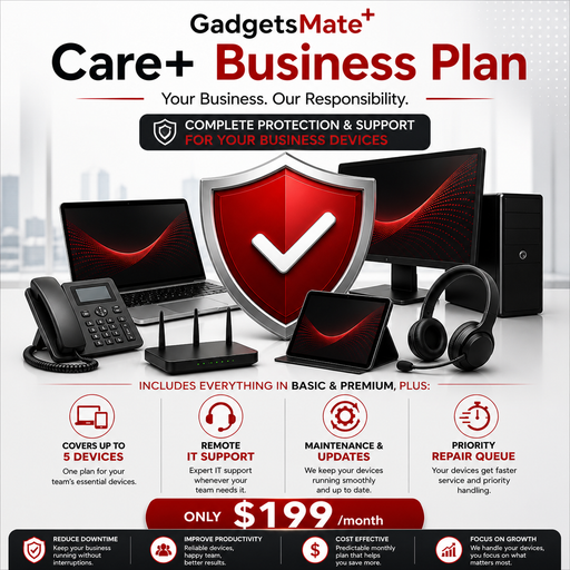 Advertisement for GadgetsMate+ Care+ Business Plan with computer equipment and shield graphic.