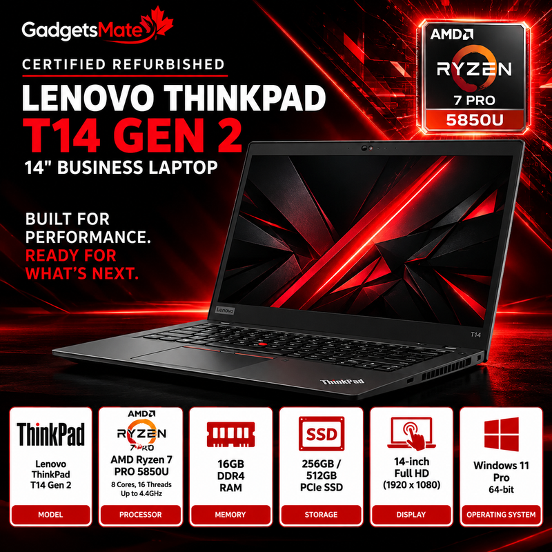 Lenovo ThinkPad T14 Gen 2 AMD Ryzen 7 Pro 5850U Laptop Windows 11 Pro (Refurbished)