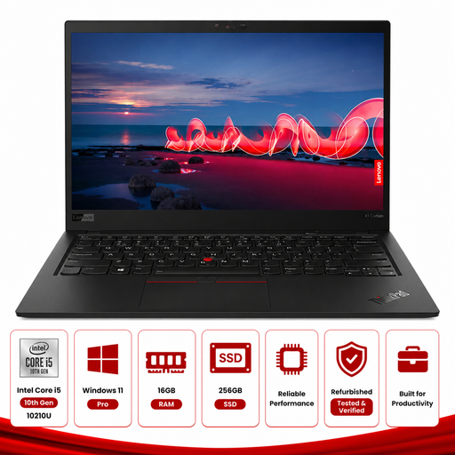 Laptop with screen displaying a scenic wallpaper, surrounded by certification icons and specifications.