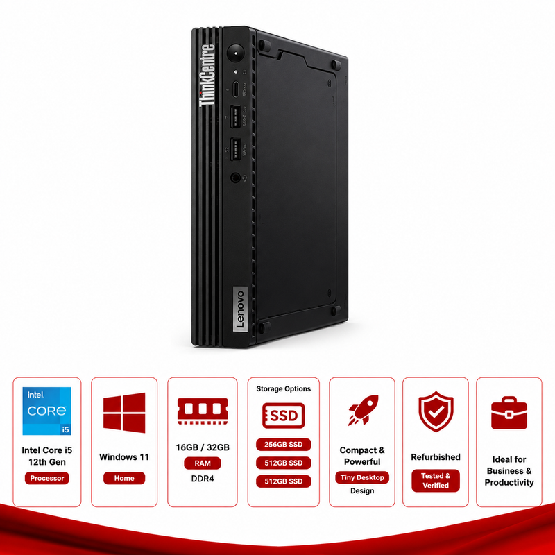 Lenovo ThinkCentre M70q Gen 3 Intel i5-12400T Tiny Desktop Win 11 Home Black (Refurbished)